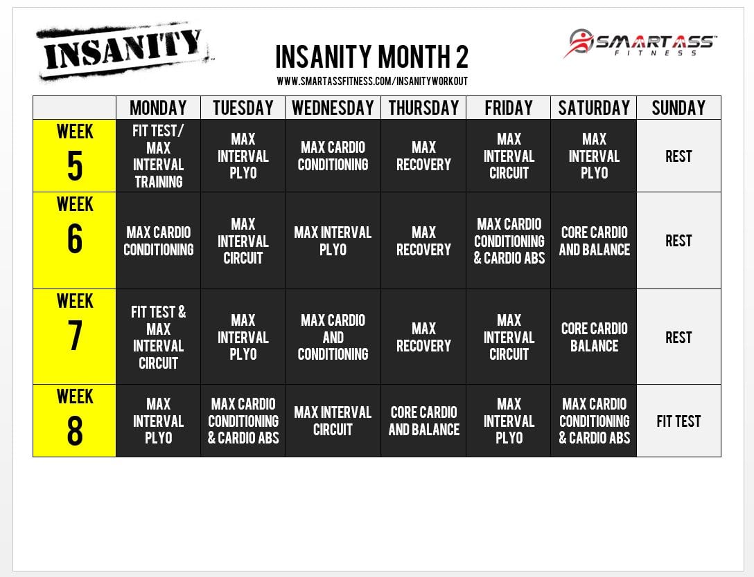 6 Day Insanity Workout Monthly Calendar for push your ABS